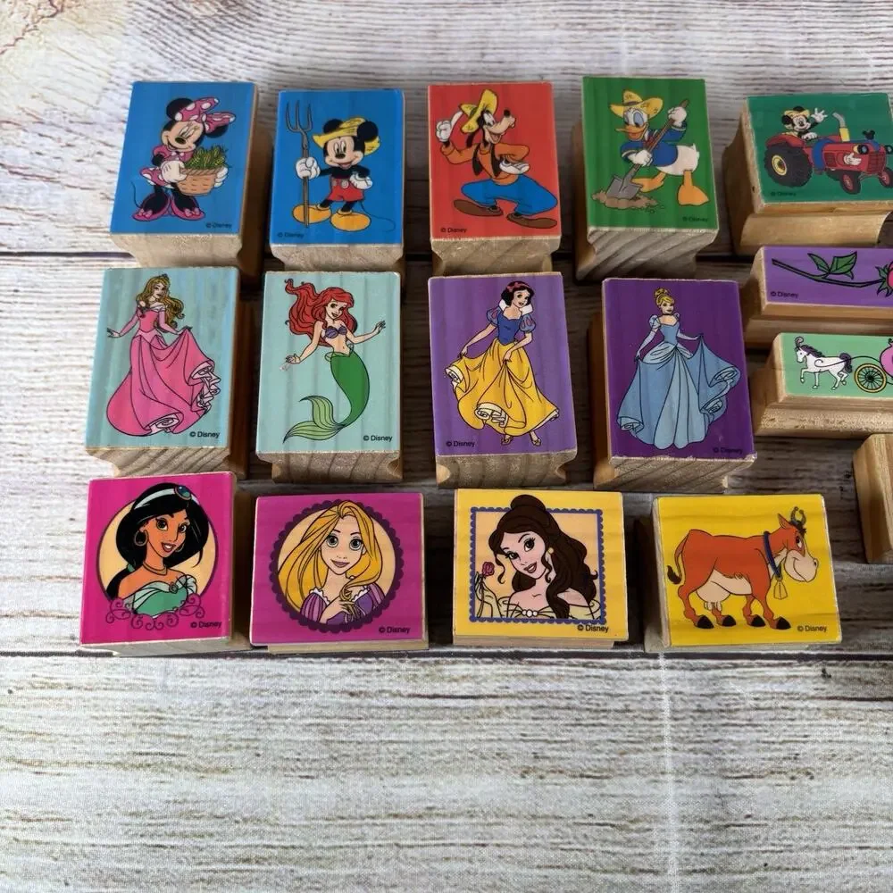 Disney Wooden Rubber Stamp Lot of 23 Mickey Mouse Princess Ariel Planes Craft
